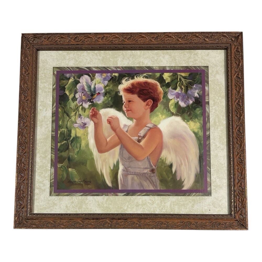 Vintage Framed  BOY ANGEL W/ Hummingbird Flowers Matted HOME INTERIORS HCO